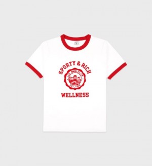 Women's Sporty And Rich Emblem Ringer Tee T Shirts White / Light Red | CrT3OrMrV5k