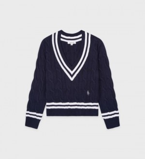 Women's Sporty And Rich SRC Cableknit V-Neck Sweater Knitwear Navy / White | aXhYP3Zf7EI