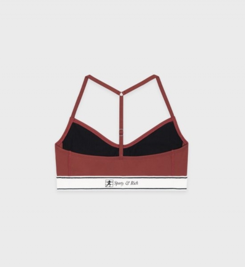 Women's Sporty And Rich Runner Script Sports Bralettes Burgundy | 3FSlGwhqxIY