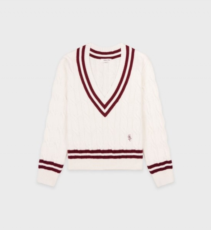 Women\'s Sporty And Rich SRC Cableknit V-Neck Sweater Knitwear White / Burgundy | nMzjDQj3iPd