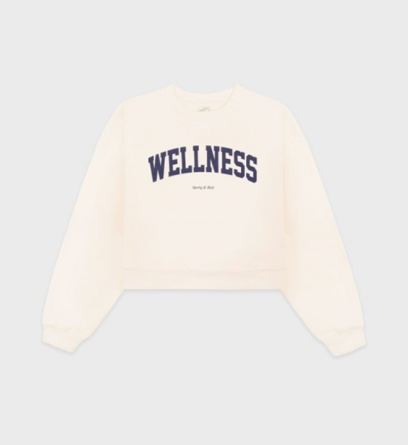 Women\'s Sporty And Rich Wellness Ivy Cropped Crewneck Sweatshirts Cream / Navy | VQllF9DBJ8o